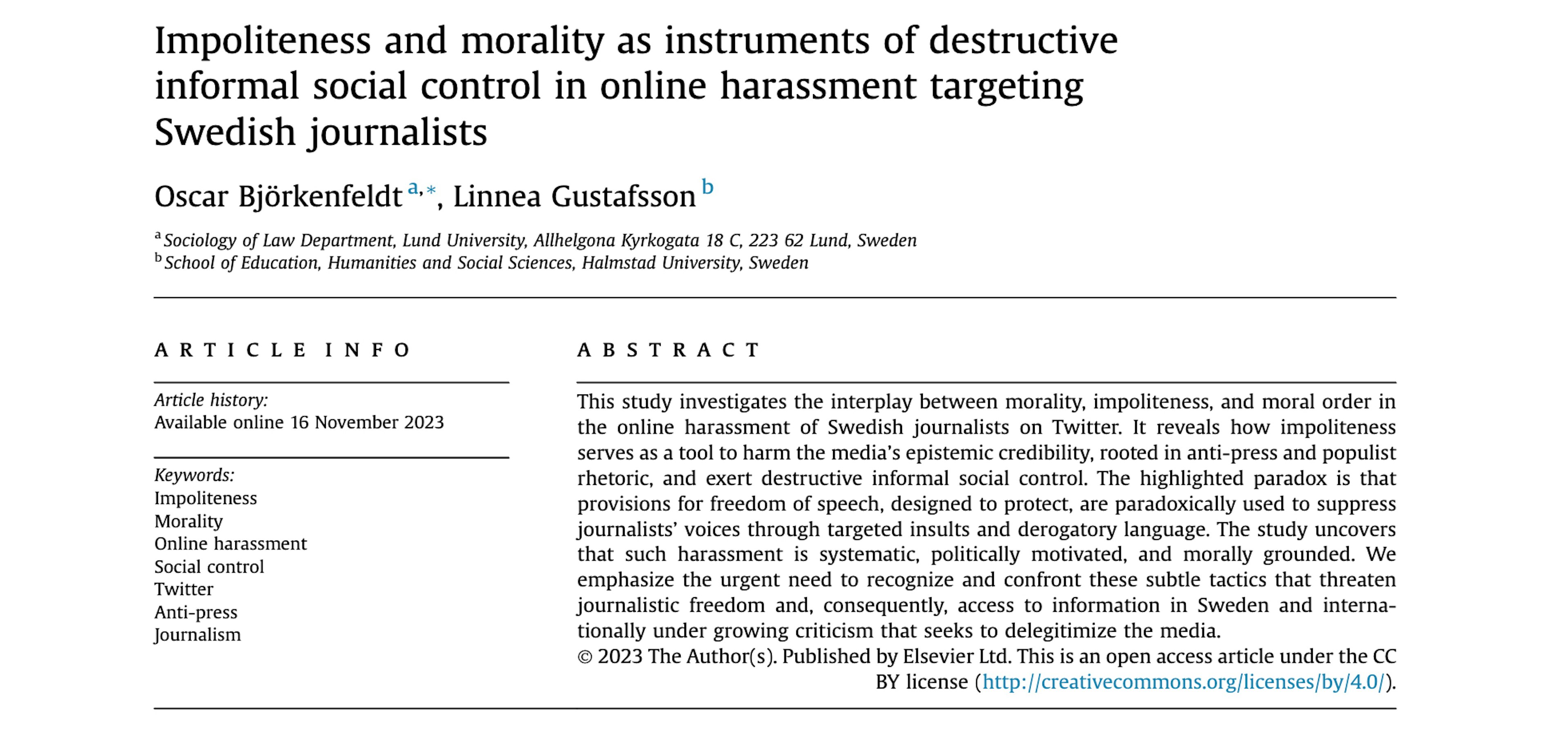 Impoliteness and morality as instruments of destructive informal social control in online harassment targeting Swedish journalists