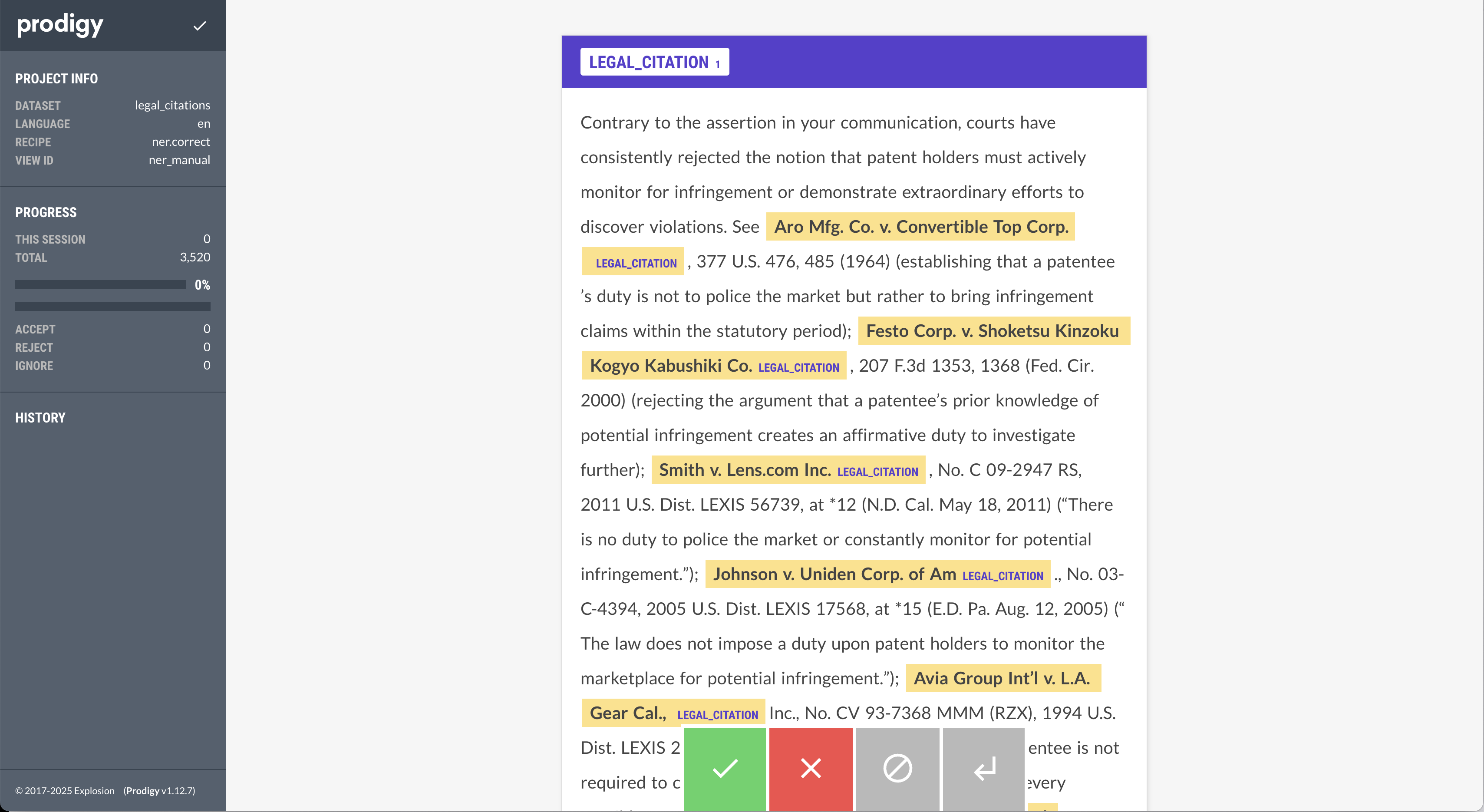 Annotation of legal case citation references in Prodigy Screenshot of Prodigy annotating case citation references