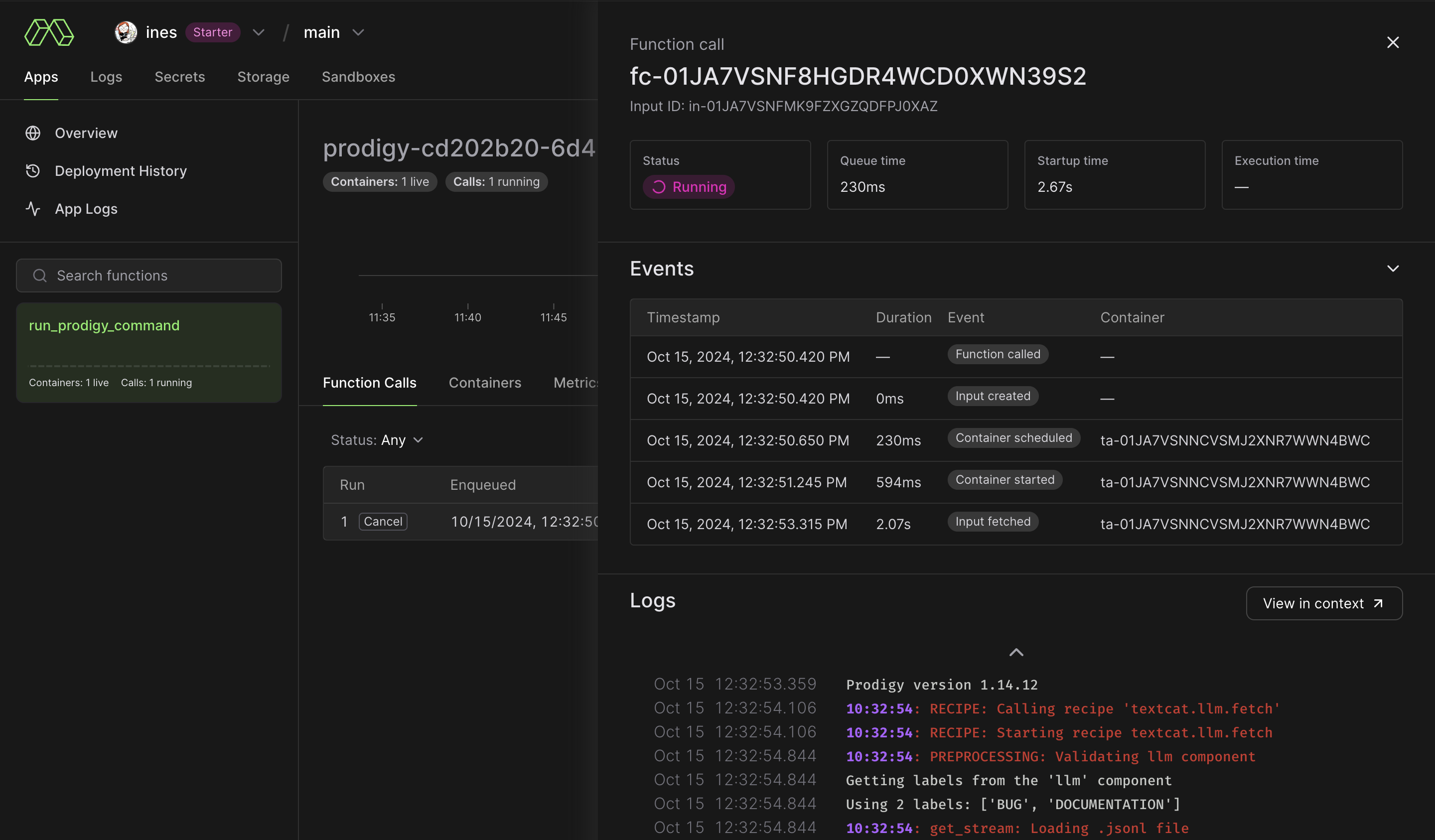 The running process in the Modal dashboard Modal dashboard