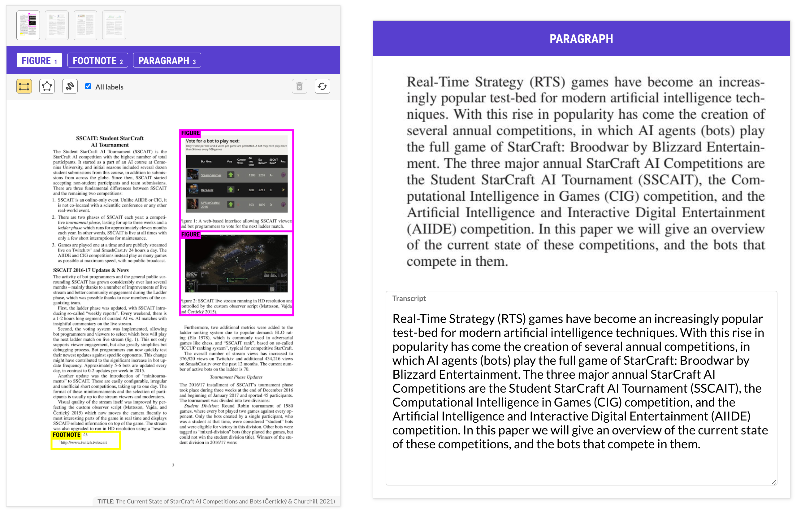 Prodigy annotation interfaces for section selection and OCR Screenshot of Prodigy annotation interface
